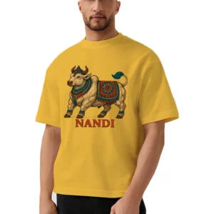Gen-Z model wearing oversized Nandi t-shirt in yellow with cultural print